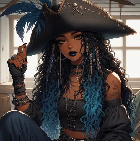 Pirate Hat Drawing Reference, Black Pirate Woman, Female Pirate Oc, Pirate Woman Art, Female Pirate Character Design, Female Pirate Art, Pirate Female, Pirate Character Design, Pirate Drawing