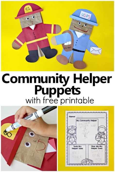 Community Helper Puppets-Preschool and Kindergarten Community Helper Activities with free printable writing response #preschool #kindergarten #freebie Prek Community Helpers, Community Helpers Art, Community Helpers Activity, Community Helpers Preschool Crafts, Community Helper Lesson, Community Helpers Kindergarten, Community Helpers Crafts, Community Helpers Activities, Community Helpers Preschool Activities