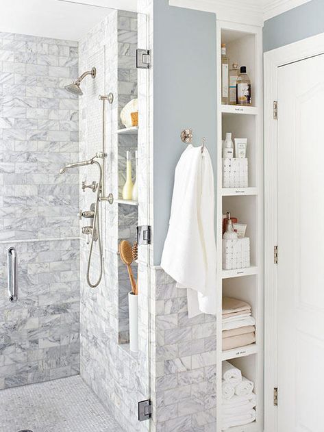 shower Makeover Kamar Mandi, Recessed Shelves, Shower Area, Moving Walls, Budget Bathroom Remodel, Decor Baie, Bad Inspiration, Small Bath, Bathroom Remodel Shower