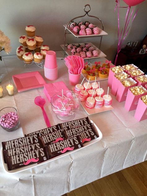 [Ad] Girls Side Of The Snack Table Gender Reveal  Boy Or Girl Pink  Baby Shower Bows Mustaches #birthdaypartysnacktable Birthday Party Snack Table, Snack Table Ideas, Baby Shower Snack Table, Party Snack Table, Gender Reveal Boy, Pink Snacks, Baby Shower Snacks, Birthday Party Snacks, Boy Gender Reveal