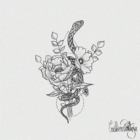 Snake In Plants Tattoo, Snake In Garden Tattoo, Snake With Plants Tattoo, Paeonia Tattoo, Garden Snake Tattoo, True Blue Eucalyptus, Paeonia Suffruticosa, Garden Snakes, A Tattoo Design