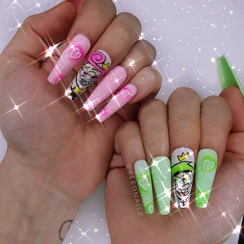 The Fairly Oddparents Nails, Cosmo And Wanda Nails, Character Nail Designs, Karol G Nails, 90s Cartoon Nails Acrylic, Character Nail Art, Rasta Nails, Character Nails, Disney Acrylic Nails