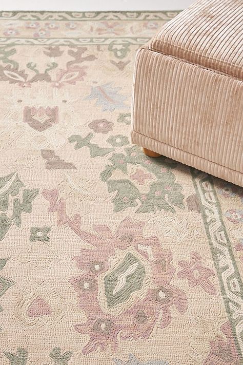 Cream Plush Rug, Earth Toned Rug, Cottage Core Bedroom Rug, Rug Under Coffee Table Only, Closet Rug Ideas, Living Room With Colorful Rug, Vintage Rugs In Living Room, Rug Size Guide Bedroom, Layering Rugs Living Room