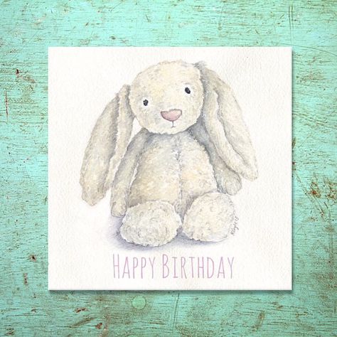 Jellycat bunny birthday card now on folksy #jellycat #folksy #birthdaycard #littleredboots Jellycat Bunny Drawing, Birthday Jellycat, Jellycat Birthday, Christmas Watercolours, Bunny Birthday Card, Bunny Supplies, Watercolour Birds, Jellycat Bunny, Bunny Birthday Party