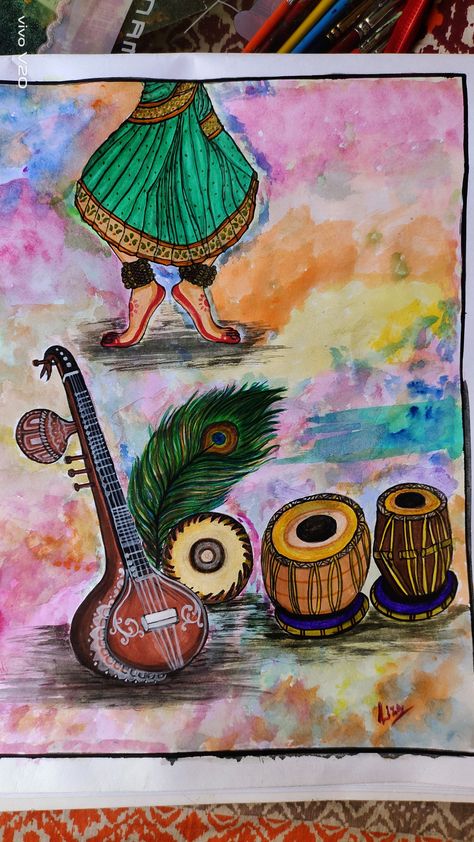 Music Day Drawing, Drawing For Competition Easy, Indian Culture Drawing, Musical Instrument Drawing, Ram Painting, Flute Drawing, Indian Instruments, Color Wheel Art Projects, Music Art Painting