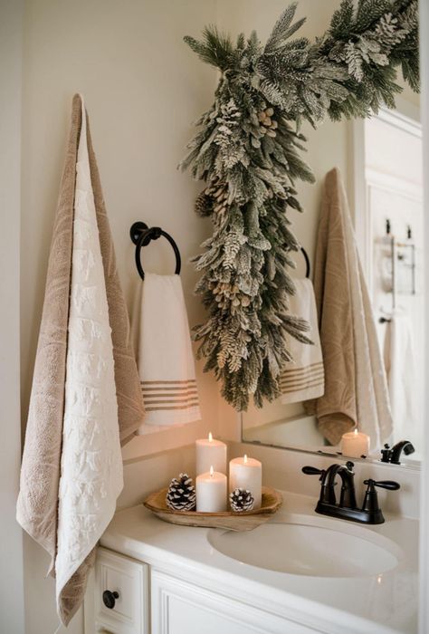 Christmas Decorations At Home, Christmas Decor Ideas Bedroom, Christmas Mantel Decor, Christmas Decorations Apartment, Decor Ideas Bedroom, Christmas Bathroom Decor, Neutral Christmas Decor, Bedroom Cozy, Cozy Christmas Decor