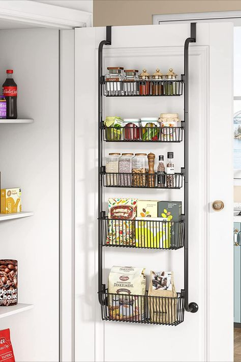 Unlike other plastic door organizations, our behind-the-door kitchen organization is made of high-quality powder-coated metal materials, which are super sturdy. Strong baskets can hold your heavy items such as kitchen spice, seasoning, cans, or bottles. Easy Assembly within 10 Minutes. Anti-Swing Stable Safe Design. #storage #organizer #hangingstorage #shelves #baskets #kitchen #overthedoor Spice Rack Door, Pantry Door Storage, Door Spice Rack, Door Shelf, Over The Door Organizer, Shelf Organizer, Door Organizer, Door Shelves, Kitchen Spices