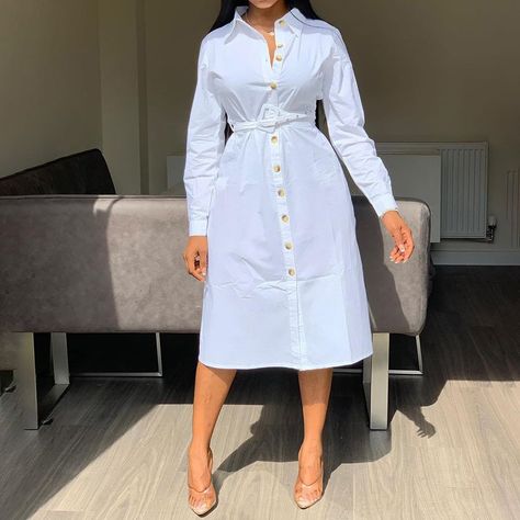 Autumn Fashion White Shirt Dress Elegant Office Ladies Long Sleeve Loose Plain Turn Down Collar Female Plus Size Midi Dress Fall (Dress not including belt) (Some friends feedback quality is not good, hereby we update vedio and more details pictures for your reference. Please check carefqully before order.) Kumasi Ghana, Elegant Shirt Dress, Shirt Collar Styles, Accra Ghana, Mid Calf Skirt, Linen Shirt Dress, Perfect Prom Dress, Long Shirt Dress, Solid Color Shirt