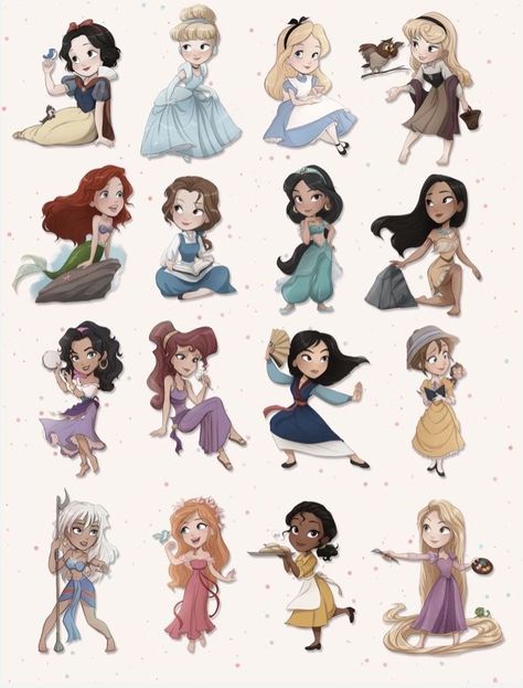 Disney Drawings Sketches Princesses, Kawaii Disney Princess, Anime Character Female, White Hair Character, Black Hair Character, Disney Princess Stickers, Disney Princess Sketches, Disney Doodles, Character Female