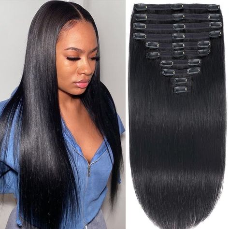 PRICES MAY VARY. ★Hair Material: Our Straight Human Hair Clip in Hair Extensions are 100% unprocessed Brazilian human hair, high quality ,clean,no shedding & no tangle,soft, healthy, natural, no chemistry,easy to be dyed,can be curled and restyled, comb easily, easy to wash and care,We choose high quality hair which was cut off from young ladies directly. ★Hair type: 150g(5.3 oz）/ 10 pieces / 24 clips per set. Straight hair clip ins extensions Available from 12 inches to 26 inches. According to Hair Clip Ins Extensions, Hair Extensions For Black Women, Extensions For Black Women, Real Human Hair Extensions, Human Hair Clip Ins, Hair Volume, Natural Black Women, Clip In Extensions, Clip In Hair