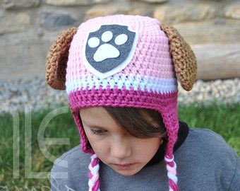 Crochet Paw Patrol Hat, Crochet Paw Patrol, Paw Patrol Crochet, Pink Paw Patrol, Paw Patrol Everest, Paw Patrol Hat, Crochet Character Hats, Puppy Hats, Crochet Animal Hats