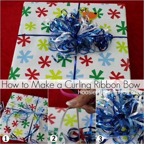 Creative Gift Wrapping | from HoosierHomemade.com Curling Ribbon Bows Diy, How To Make A Bow With Curling Ribbon, Ribbons On Presents, How To Wrap A Gift With Ribbon, Curling Ribbon Ideas, Curling Ribbon Ideas Gift Wrapping, Curling Ribbon Bows, Ribbon On Presents, Elegant Gift Wrapping Ideas