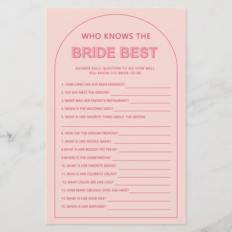 Bridal Shower Game Cards, Pink Bridal Shower Ideas, Bestie Wedding, Who Knows The Bride Best, Moh Duties, Beach Bach, Taylor Wedding, Bridal Shower Inspo, Barbie Bridal