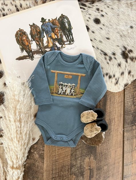 Hello Fringed Babes Section - Final Sale ONESIES ARE RIBBED, TEES ARE NOT RIBBED Onesie As Shown - 2T UP WILL BE ON A Natural TONE TEE. Measurements: 6 Months- Length-12 1/2 Inches Bust- 10 Inches Arm Length- 3 1/2 Inches 12 Months- Length-13 Inches Bust-10 1/2 Inches Arm Length- 4 Inches 18 Months- Length-14 Inches Bust-12 Inches Arm Length- 4 Inches 3T- Length-16 Inches Bust- 12 1/2 Inches Arm Length-5 Inches 4T- Length- 6 1/2 Inches Bust-13 1/2 Inches Arm Length-5 1/4 Inches ** not sold as a set Country Baby Outfits, Country Baby Boy Outfits, Ranch Dogs, Southern Baby, Cowgirl Nursery, Future Boy, Kid Clothing, Border Collie Dog, Border Collies