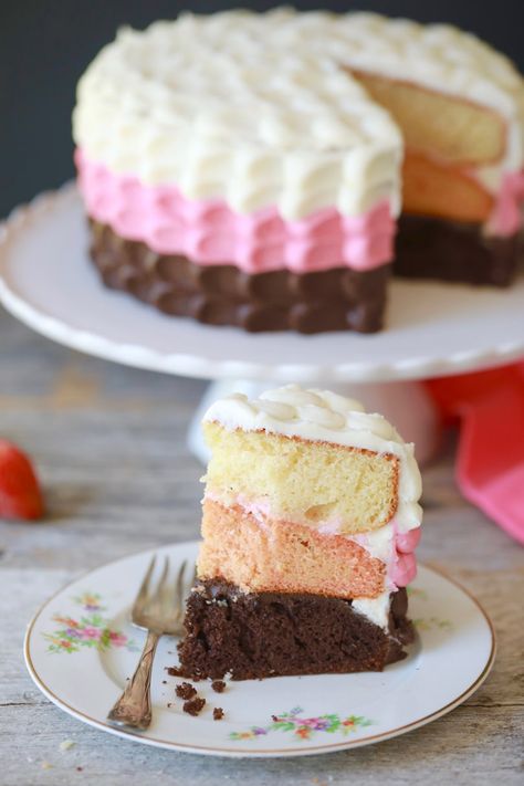 Neapolitan Cake - Think you can’t recreate this cake? Think again! Click and see how…. Flavoured Cakes, Neopolitan Cake, Yummy Cake Recipes, Neapolitan Cake, Rock Cakes, Birthday Recipes, Children Cake, Cake Kids, Recipes Cake