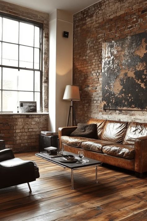 Transform your living space with stylish industrial-chic aesthetics. Our guide shares 10 essential tips for creating a modern living room that combines raw elements like exposed brick, metal accents, and rustic wood finishes. Discover how to mix comfort and design by choosing unique furniture pieces and incorporating trendy accessories. With the right color palette and bold decorations, you can achieve that perfect blend of sophistication and abandon. Explore these creative ideas to elevate your home's interior while ensuring it reflects your personal taste and lifestyle. Modern Industrial Living Room Ideas, Warm Industrial Living Room, Industrial Chic Living Room, Industrial Living Room Ideas, Industrial Apartment Decor, Industrial Lounge, Industrial Chic Interior, Modern Industrial Living Room, Industrial Decor Living Room