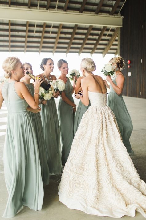 A refreshing mint palette paired with an oceanside views sound gorgeous enough, but add in the fact that this family affair is brimming with DIY details? Well, it puts the significance in the celebration. From the fabric draped ceilings adorned Sage Green Wedding Colors, Bride And Her Bridesmaids, Hamptons Wedding, Green Wedding Colors, Walk Down The Aisle, Sage Green Wedding, Cheap Bridesmaid, Green Bridesmaid, Green Bridesmaid Dresses