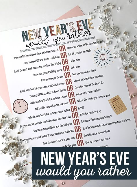 Need a fun game to play around your holiday table? Our New Year's Eve Would You Rather Free Printable Game will have everyone laughing. #nyegame #newyearseve #newyearseveprintable Free New Years Eve Printables, Nye Countdown Ideas, New Years Would You Rather For Kids, Free Printable New Years Eve Games, New Years Free Printables, New Years Eve Printables Free, Nye Printables Free, New Year’s Eve Free Printables, Happy New Year 2024 Free Printable