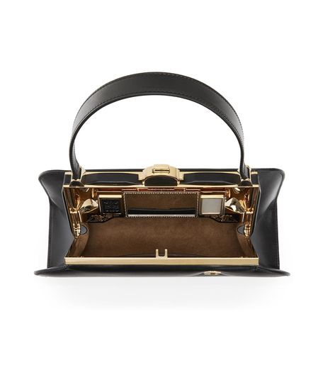 Luxe Black Bags With Gold-tone Hardware, Black Box Bag With Top Handle And Gold-tone Hardware, Black Shoulder Bag With Gold-tone Hardware, Luxury Black Box Bag With Gold-tone Hardware, High-end Black Shoulder Bag With Gold-tone Hardware