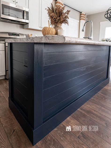 Kitchen Island Herringbone, Kitchen Island With Shiplap Sides, Black Shiplap Bar, Kitchen Island Side Panels, Kitchen Island Paneling Ideas, Kitchen Island Wall Covering Ideas, Under Island Wall Ideas, Kitchen Island With Shiplap, Island With Shiplap