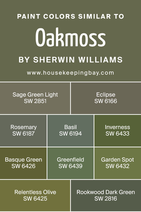 colors_similar_to_oakmoss_sw_6180 Sherwin Williams Oakmoss, Sw Green Paint, Sw Green Paint Colors, Oak Kitchen Cabinets Wall Color, Sherman Williams Paint, Barn Colors, Sherman Williams, Ranch House Exterior, Black Houses