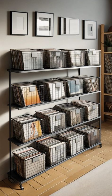 Vinyl Records Organization Ideas, Vinyl Record Storage Ideas Ikea Hacks, Vertical Record Storage, Art Space Organization, Vinyl Organization Ideas, Vinyl Room Ideas, Diy Record Storage, Ikea Vinyl Storage, Vinyl Record Storage Ideas