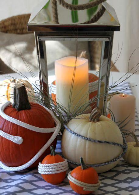 Nautical Pumpkins Nautical Pumpkins, Coastal Thanksgiving, Thanksgiving Centerpiece Ideas, Thanksgiving Candles, Coastal Fall, Rope Decor, Fall Stuff, Fall Festivities, Pumpkin Centerpieces