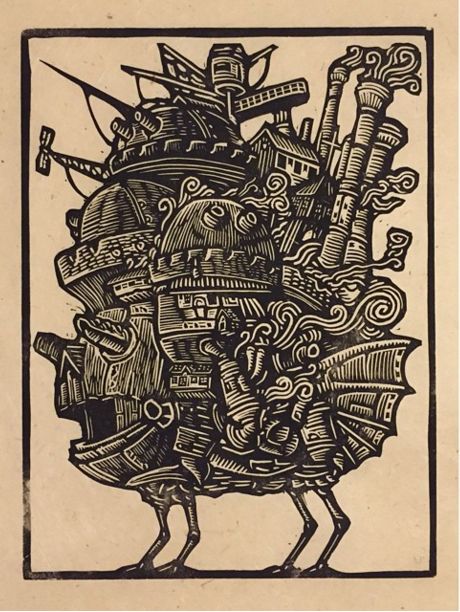 Art Studio Ghibli, 하울의 움직이는 성, Castle Tattoo, Ghibli Tattoo, Woodcut Art, Linocut Printmaking, Lino Art, Howl's Moving Castle, Linocut Art