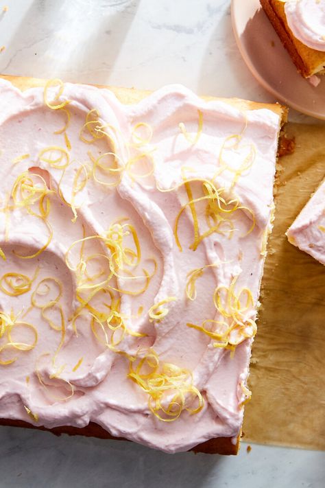 Lemon Sheet Cake With Raspberry Whipped Cream Recipe - NYT Cooking Lemon Sheet Cake, Raspberry Whip, Raspberry Whipped Cream, Whipped Cream Icing, Baking Lessons, Whipped Cream Recipe, Cream Icing, Baking Projects, Recipes With Whipping Cream