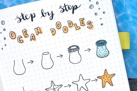 If you're starting an ocean theme in your bullet journal, you need to check out these adorable step by step doodles for inspiration to get going! Doodle Art Ocean Theme, Water Bullet Journal, Seashell Drawing, Shark Week Bullet Journal, Nautical Bullet Journal, Ocean Theme Bullet Journal, Sea Creatures Drawing, Koi Fish Drawing, Colored Pencil Art Projects