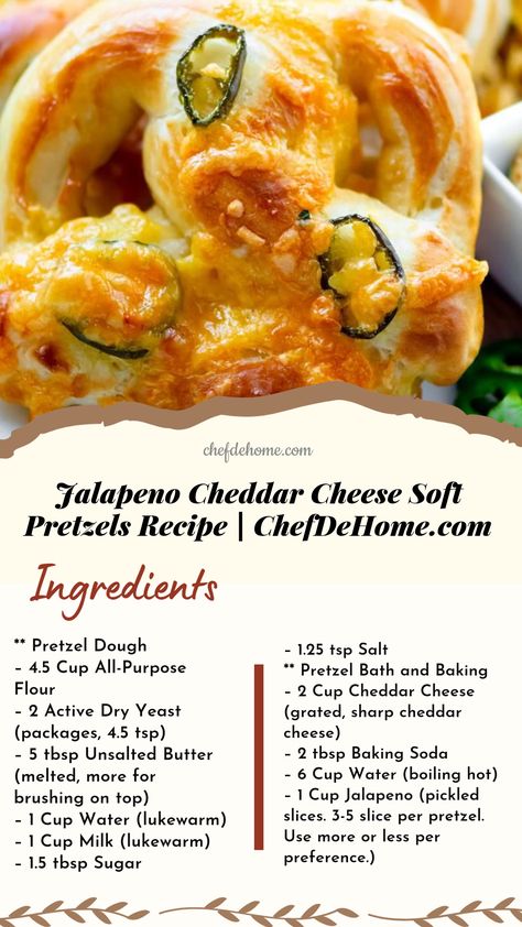 Buttery Soft Jalapeno and Cheddar Cheese pretzels recipe, with an easy pretzel dough made with pantry-staple ingredients. Cheese Pretzels, Soft Pretzels Recipe, Pretzel Dough, Pretzel Recipe, Soft Pretzel Recipe, Pretzel Cheese, Salted Pretzel, Jalapeno Cheese, Jalapeno Cheddar