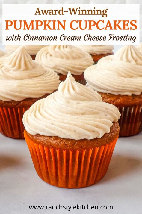 Pumpkin cupcakes topped with cinnamon cream cheese frosting in an orange cupcake liner. Pumpkin Cupcakes With Cinnamon Cream, Pumpkin Cupcake Recipes, Pumpkin Pie Cupcakes, Cheese Frosting Recipe, Cinnamon Cream Cheese, Fall Baking Recipes, Cream Cheese Frosting Recipe, Pumpkin Cream Cheeses, Pumpkin Recipes Dessert