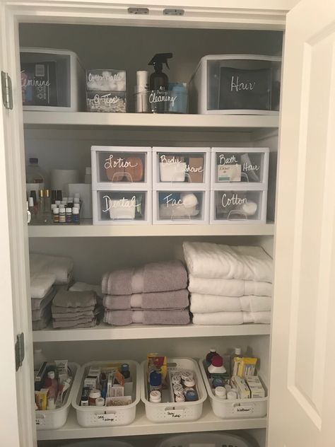 Master Bath Linen Closet, Bath Linen Closet, Closet Organization Solutions, Bathroom Linen Closet, Bathroom Closet Organization, Linen Closets, House Organisation, Linen Closet Organization, Apartment Decor Inspiration