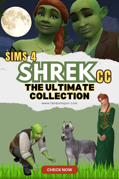 Need to bring a talking donkey into your Sim's lives? Well what about building a lovable Sim family with green skin to take over the swamplands? This CC set has everything you'll need to add some Shrek-y goodness into your TS4 gameplay. Acnh Shrek Design, Sims 4 Shrek Cc, Frog Sims 4 Cc, Sims 4 Native American Cc, Sims 4 Prehistoric Cc, Sims 4 Prehistoric, Medieval Apocalypse, Sims4 Clothing, Shrek Costume