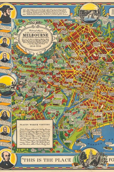 Introducing our extraordinary "Old Map Melbourne Australia 1934" Poster - a captivating blend of history and art that takes you back to the enchanting streets of Melbourne. This meticulously illustrated pictorial map invites you to explore the city's rich past, with every detail capturing the essence of a bygone era. Whether you're decorating your cafe, classroom, or home, this vintage-inspired wall art adds a touch of retro charm to any space. Cafe Classroom, Map Australia, Village Street, Australia Vintage, Vintage Inspired Wall Art, Vintage Home Office, Pictorial Maps, Map Illustration, Bygone Era