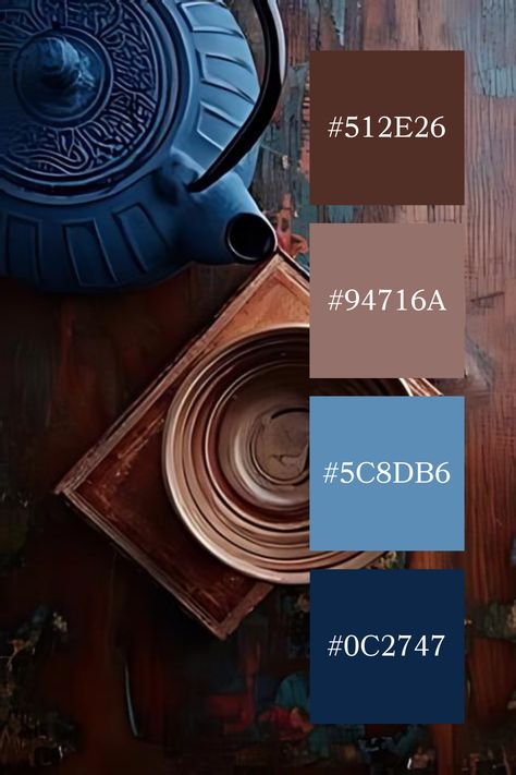 A combination of deep blue from the ornate teapot and the warm, textured browns of the wooden surface and bowl, offering a harmonious blend of cool and warm elements in a cozy, rustic setting. Colors That Go With Denim Blue, Color Schemes With Blue, Copper Complimentary Colors, Bold Blue Color Palette, Blue And Brown Room, Blue Pallete Combination, Teal Copper Color Palette, Brown Blue Color Palette, Brown And Blue Color Palette