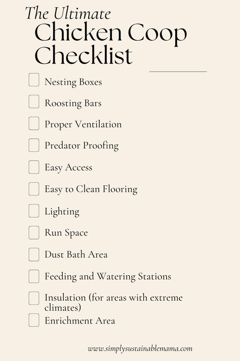 A comprehensive infographic titled 'The Ultimate Chicken Coop Checklist' illustrates the essential components of a functional and comfortable chicken coop. Elements include nesting boxes, roosting bars, proper ventilation, predator-proofing measures, easy access, easy-to-clean flooring, lighting, adequate run space, a dust bath area, feeding and watering stations, insulation for extreme climates, and an enrichment area to ensure a healthy and thriving environment for backyard chickens. How Often To Clean Chicken Coop, Mini Chicken Coop Ideas, Chicken Coop Care, Farm Chickens Ideas, Safe Chicken Coop Ideas, Chicken Coop Needs, Chicken Coop Basics, Beginner Chicken Raising, Chicken Coop Checklist