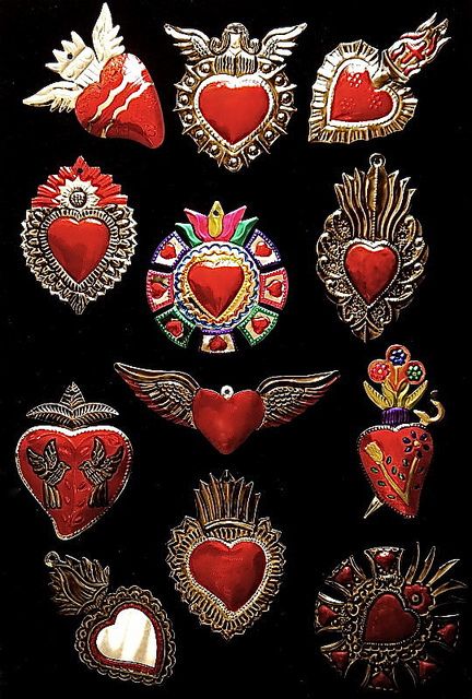 Red and silver hearts by CORAZON DE HOJALATA   México Sacred Heart Art, Den Mrtvých, I Love Heart, Tin Art, My Funny Valentine, Arte Popular, Mexican Art, Mexican Folk Art, Heart Art