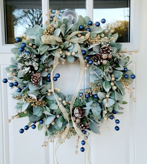 Wreath For Blue Front Door, Christmas Wreath Blue, Front Door Wreath Ideas, Mirror Garland, Blue Wreaths, Winter Door Wreath, Florist Ideas, Christmas Mirror, Winter Glam