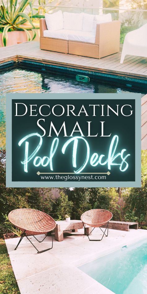 decorating ideas for small pool decks, furniture for pool decks, loveseat, wicker chairs by pool Small Pool Deck Decorating Ideas, Pool Deck Decorating Ideas Potted Plants, Backyard Small Pool, Potted Plants Landscaping, Small Pool Deck, Rectangle Pools, Wooden Pool Deck, Swim Spa Deck, Pool Deck Decorating Ideas