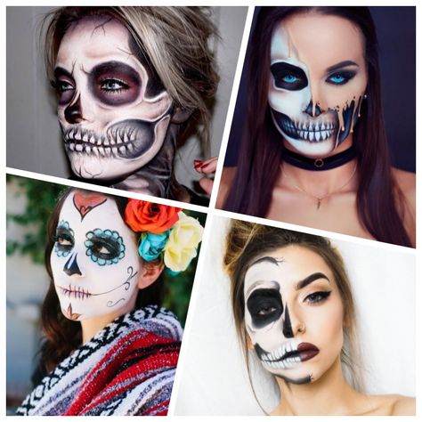 halloween-schminken-frauen-halber-schädel-gesicht-realitisch-make-up-rosen-collage Halloweenský Makeup, Halloween Make Up, Halloween Make, Halloween Makeup, Makeup Ideas, Halloween Face, Face Makeup, Halloween Face Makeup, Make Up