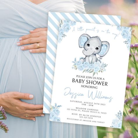 Elephant Baby Shower Invitations Boy, Elephant Baby Boy, Peanut Baby Shower, Elephant Baby Shower Boy, Boy Shower Invitations, Elephant Baby Shower Invitations, Baby Shower Invitation Cards, Watercolor Elephant, Blue Elephant