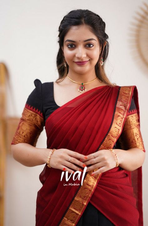 Red Dhavani, Athmika Sumithran, Bengali Saree, Snake Girl, Makeup Order, Beautiful Sarees, Olivia Holt, Silk Saree Blouse Designs, Half Saree Designs