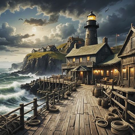 Cozy Wharf #aiart #aiartcommunity #aiartwork #artist #digitalart #digitalcreator #digitalartist #fantasy #lighthouse #wharf #seascape #sea #ocean #oceanview #scenery Lighthouse Fantasy Art, Fantasy Lighthouse, East Coast Lighthouses, Fantasy Ideas, Lighthouse Art, Fishing Villages, Sea Ocean, Ocean View, East Coast