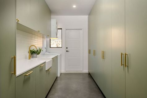 Sage Green Laundry Room, Sage Laundry, Hamptons Laundry, Western Cabinets, Traditional Hamptons, Green Laundry Room, Hampton Kitchen, Green Laundry, Coast House