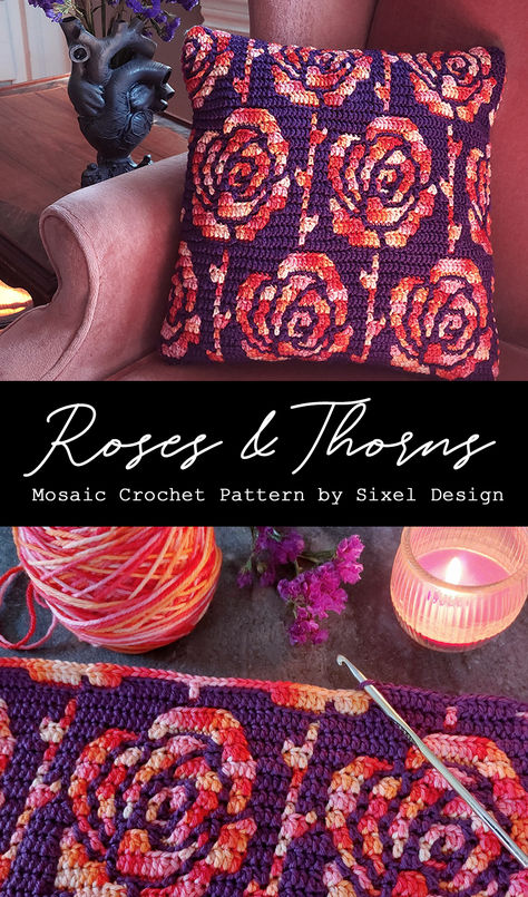 Pattern includes 3 charts for creating the Roses & Thorns pillow, Single Roses, and All Thorns. Also includes instructions to create a pillow and mug-rugs, but you can use the charts to create anything you like!  #mosaiccrochet #rosecrochet #rosepattern #roses #flowercrochet #lovecrochet #floralpattern #flowers #springcrochet #sixeldesign Mosaic Crochet Flower Pattern, Mosaic Crochet Pillow, Single Roses, Overlay Mosaic Crochet, Crochet Mosaic, Crochet Pillow Cover, Crochet Cushion Cover, Crochet Pillow Pattern, Mosaic Crochet