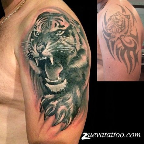 Mens Tiger Tattoo, Lion Shoulder Tattoo, Tiger Head Tattoo, Tiger Tattoo Sleeve, Lion Tattoo Sleeves, Leopard Tattoos, Black Tattoo Cover Up, Panther Tattoo, Mom Tattoo Designs