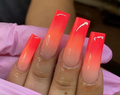 Coral Ombre Nails Summer, Pink And Yellow Ombre Nails, Sunset Nails Ombre, Red Ombré Nails, Coral Ombre Nails, Acrylics Nails, Red Ombre Nails, Bday Nails, Neon Pink Nails