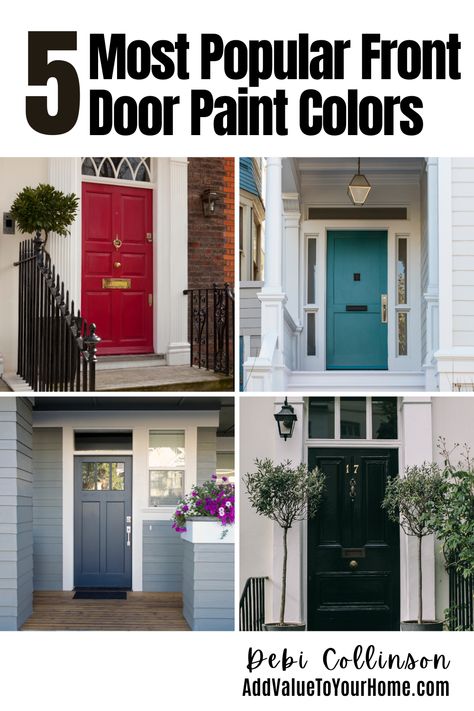 Your front door says alot about your home. Does your front door pop and say welcome? Or is it boring and dreary? The front door is THE area on your exterior where you can make a BOLD statement. Whether is be fun & wild or traditional, you want your front door to be a head turner! Check out these 5 most popular front door paint colors and make YOUR front door a show stopper! #frontdoorpaintcolors Popular Front Door Colors 2023, Painting Front Door Black, Blue Front Door Colors, Navy Front Door, Exterior Front Door Colors, Painted Exterior Doors, Front Door Paint, Exterior Door Colors, Most Popular Paint Colors