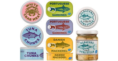 Sarah Hingston packaging - www.mr-cup.com Hat Marketing, Portuguese Sardines, Cup Inspiration, Restaurant Identity, Mr Cup, Cool Packaging, 강아지 그림, Fish Illustration, Vintage Packaging